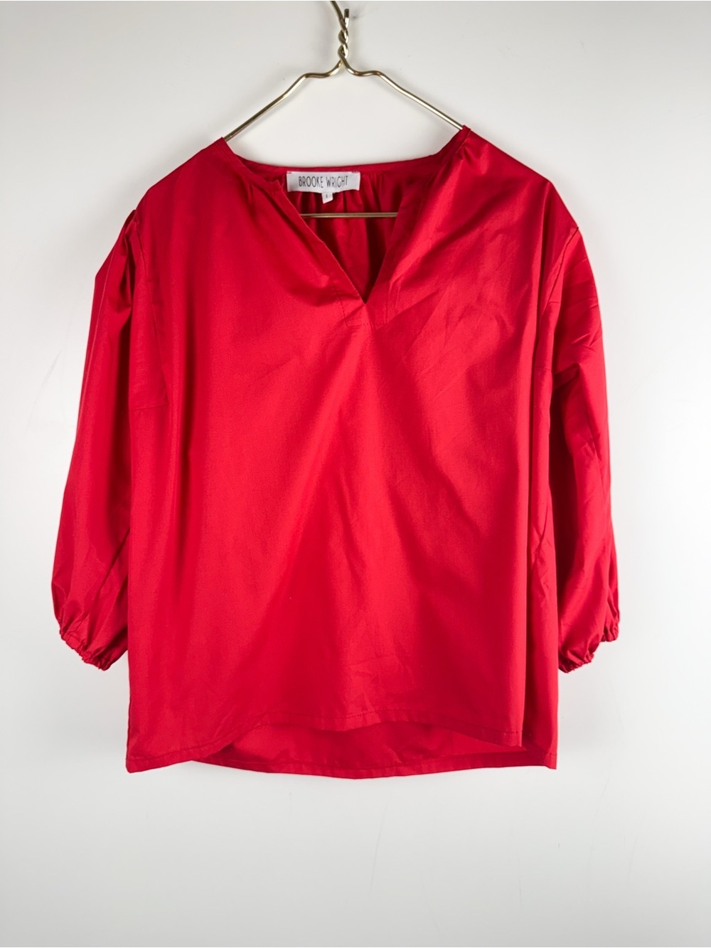 BROOKE WRIGHT Sz L Popover Poplin Top S V-Neck Red 3/4 Sleeve Blouse Preppy